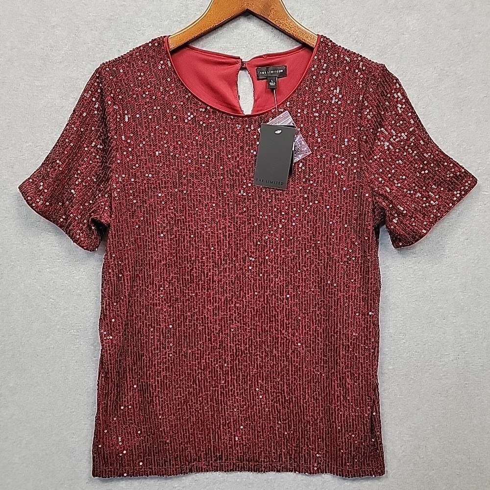 NEW The LIMITED Womens Size L Sequin Top Blouse Shirt Garnet Red Sparkle Cruise